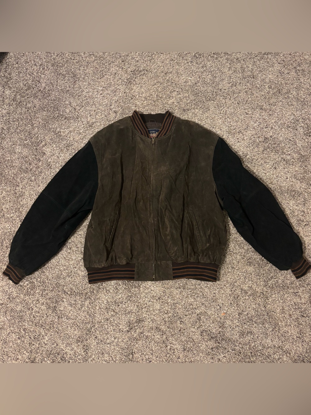 90s Vintage Varsity Brown and Black Suede Bomber Jacket with Black Sleeves